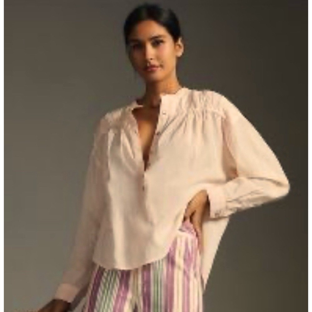 Pilcro Women's Light Pink Half Button Down Semi Sheer Top Cotton Viscose Size XS